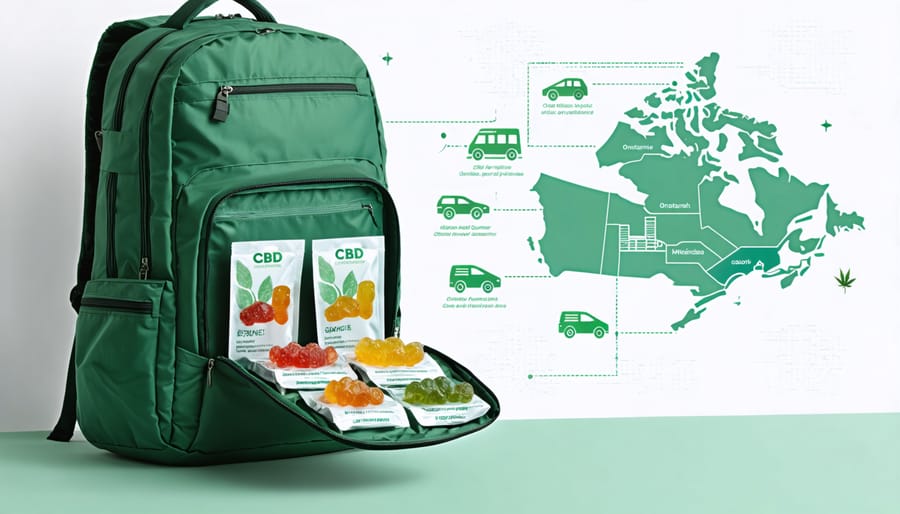 A traveler's backpack with original packaging of CBD gummies and a map of Ontario, surrounded by icons of a car, plane, and train, representing legal travel with CBD in the province.