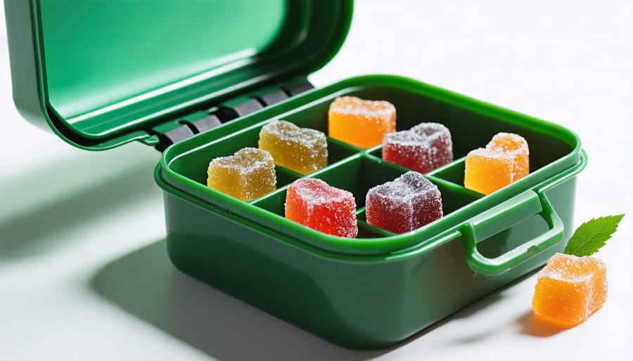 Proper storage demonstration of CBD gummies in travel container with temperature indicator