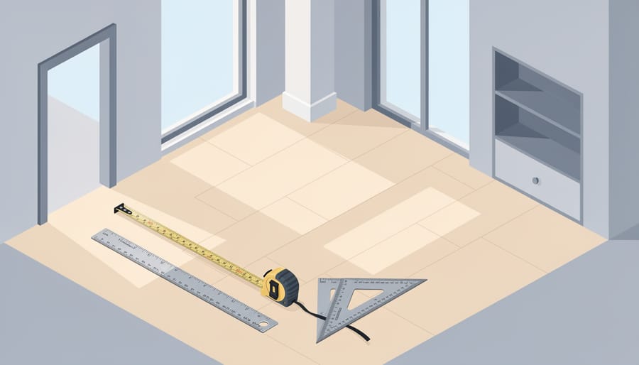 Gloved appraiser hand holding a caliper near a measuring tape across hardwood flooring in a home.