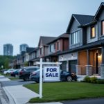 Suburban Ontario home in the foreground with distant condo towers in the background under overcast evening light, illustrating a housing market correction.