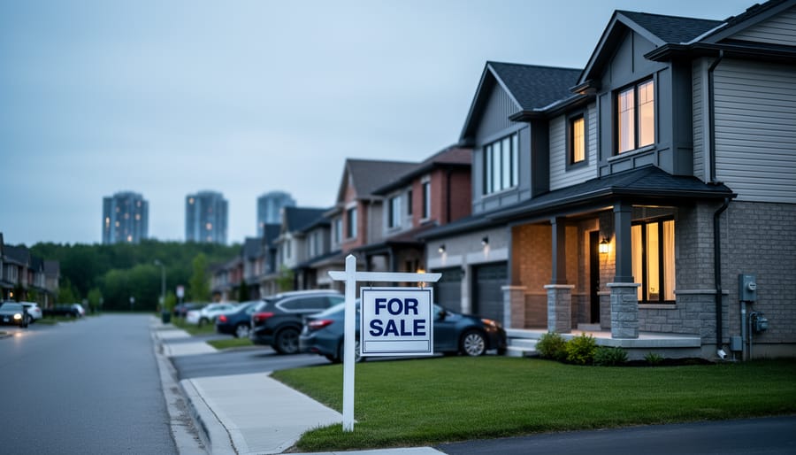 Suburban Ontario home in the foreground with distant condo towers in the background under overcast evening light, illustrating a housing market correction.