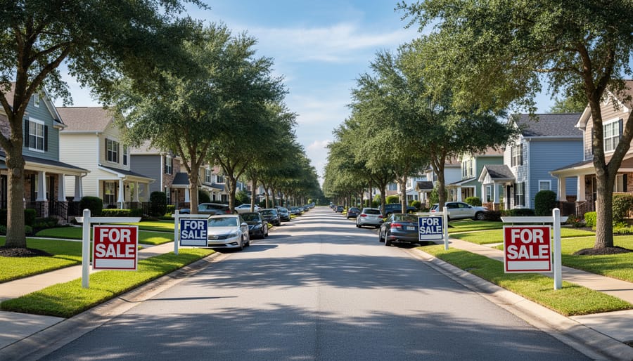 Quiet residential street in Ontario with a few for-sale signs near modest homes.