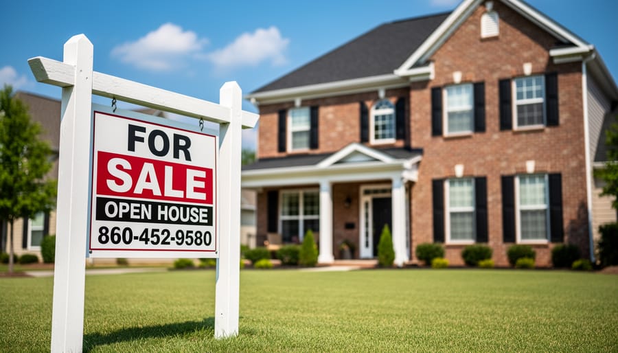 Real estate sign standing near the entrance of an older brick home in a residential neighborhood.