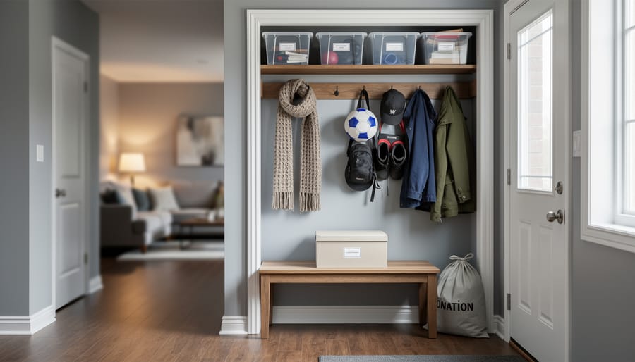 Bright Ontario home entryway showing a neatly organized coat closet with seasonally rotated storage bins and a clean bench area.