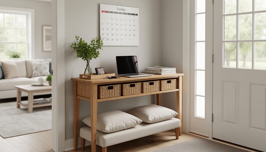 Clutter-free reading nook with neatly stored supplies and a cleared side table