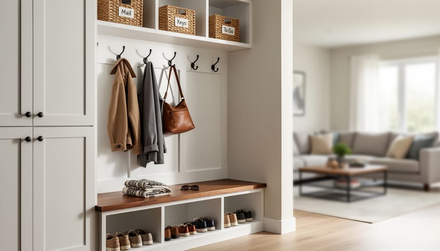 Mudroom drop zone with organized hooks, baskets for keys and gloves, and a covered container for volunteer items
