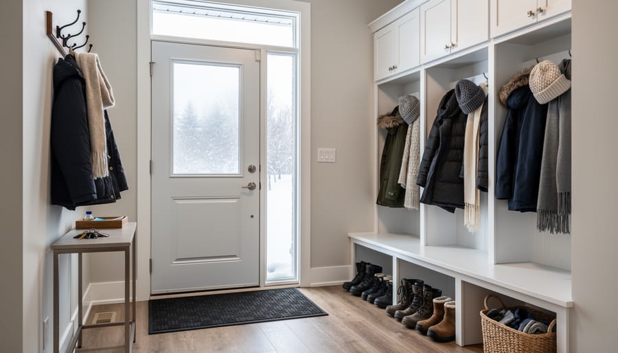 Organized Ontario-style entryway with neatly hung winter coats, folded scarves, and clean boots on a mat
