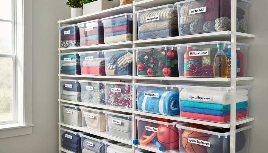 Transparent storage bins on shelving holding neatly folded seasonal items with a clean, minimal look