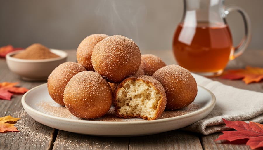 Apple cider donut holes coated in cinnamon sugar in a bowl