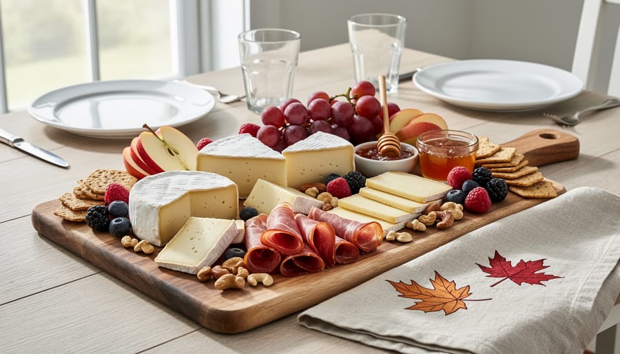 Artisanal charcuterie brunch board with Ontario cheeses, meats, and fruit
