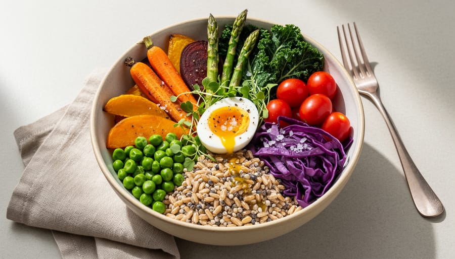 Colourful harvest grain bowl topped with roasted vegetables and a soft-boiled egg