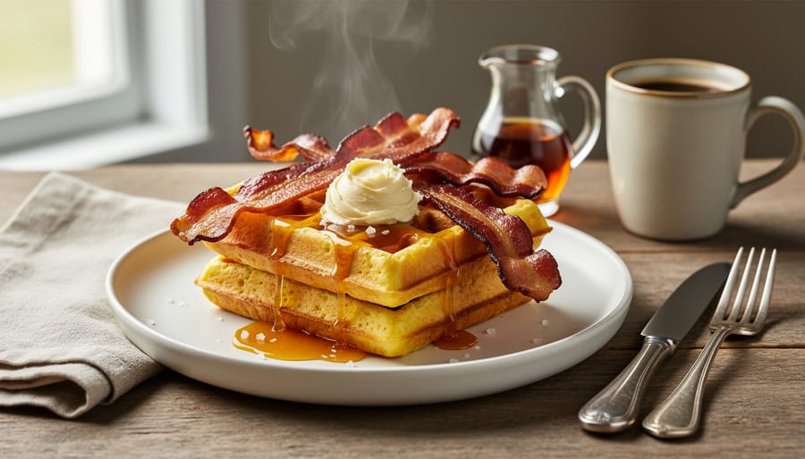 Savoury corn and cheddar waffles with bacon and maple butter