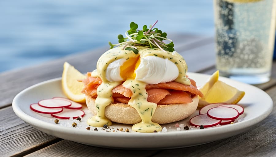 Smoked trout benedict with dill hollandaise on a white plate