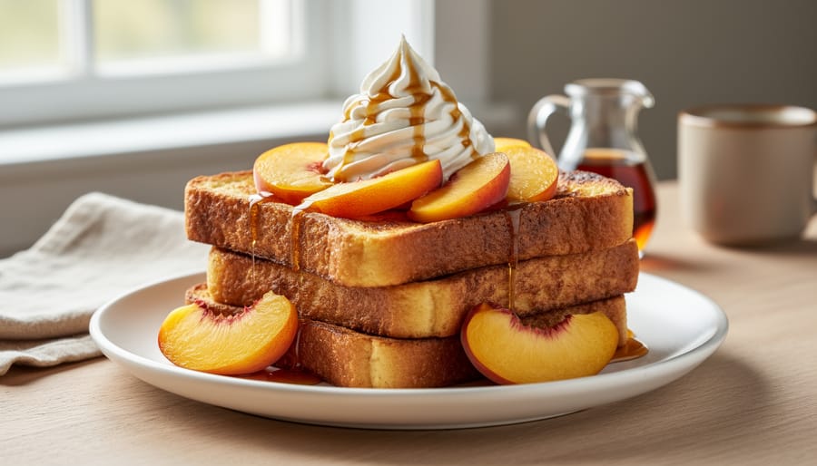 Plate of Niagara peach French toast topped with whipped maple cream