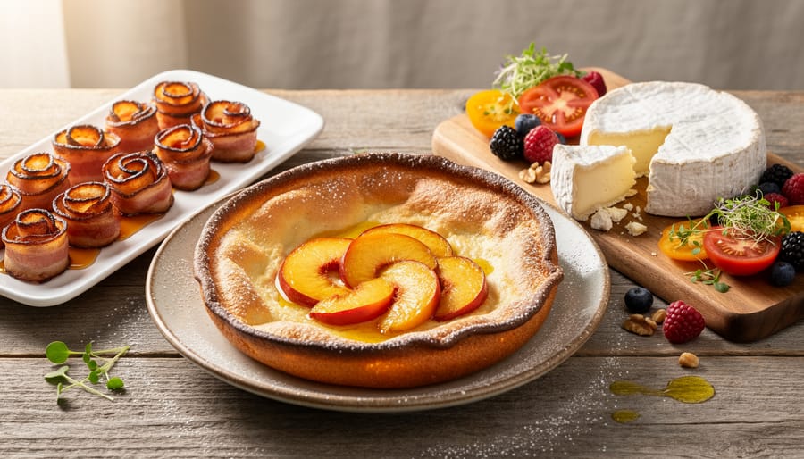 Styled Ontario brunch table with a peach Dutch baby, maple-glazed bacon roses, artisan cheese, fresh berries, and heirloom tomatoes on rustic plates under soft natural light.