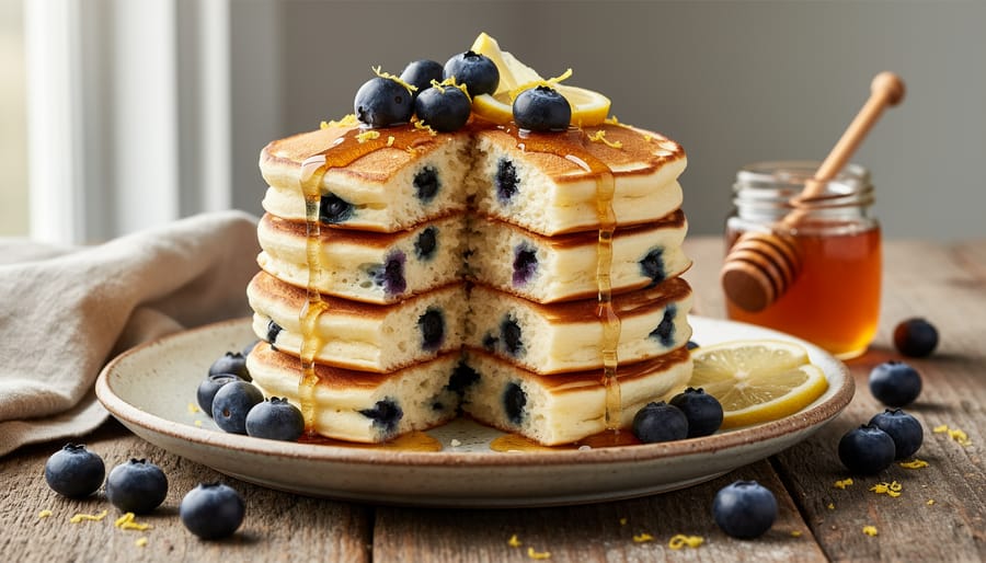 Wild blueberry lemon ricotta pancakes with lemon zest and honey