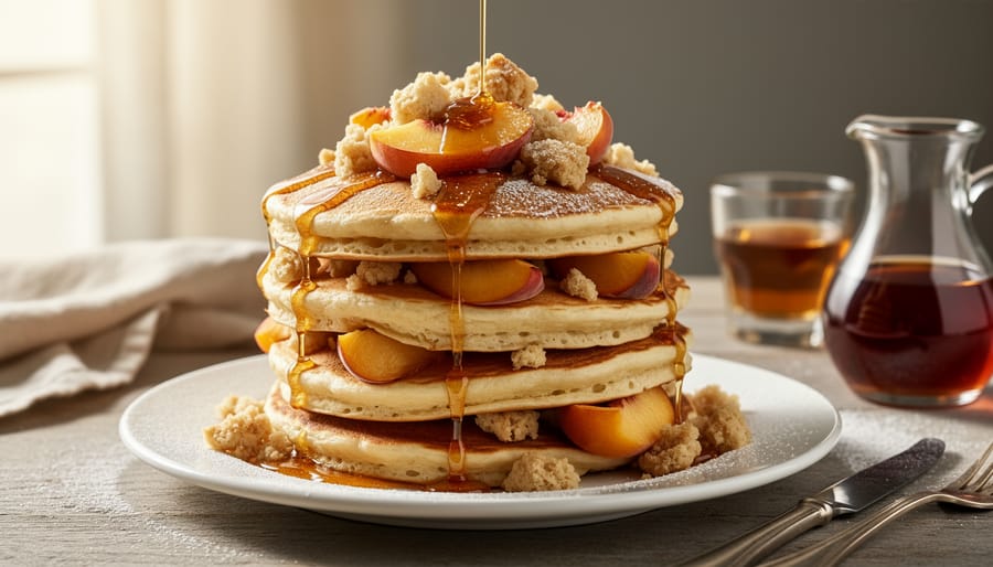 Bourbon peach cobbler pancakes with syrup and peach pieces