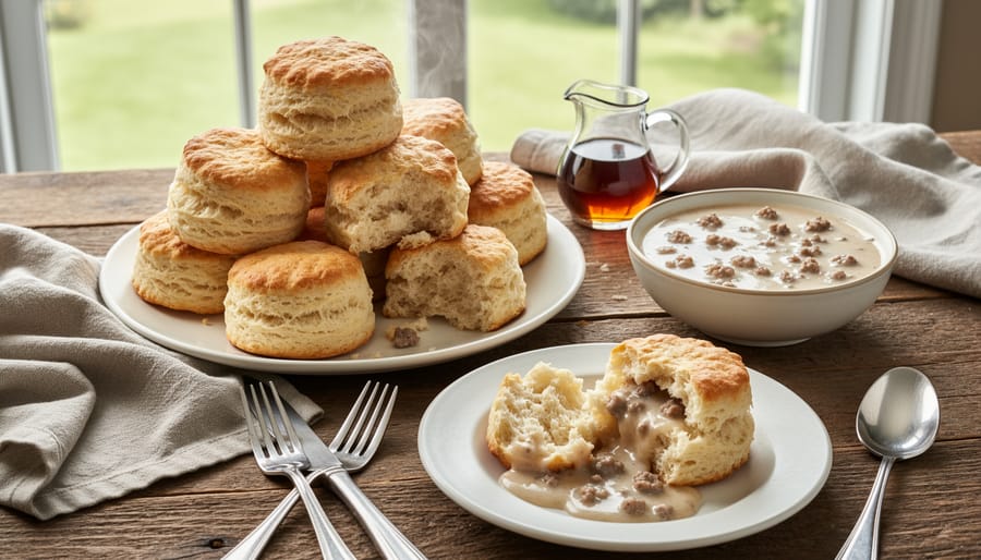 Buttermilk biscuits topped with maple sausage gravy on a rustic wooden table