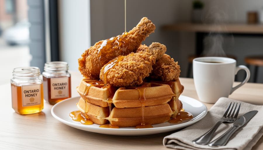 Crispy chicken and waffles with honey drizzle on a plated brunch table