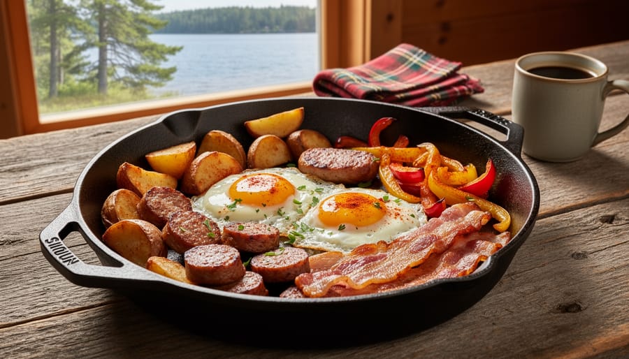 Breakfast skillet with potatoes, peppers, sausage, and eggs