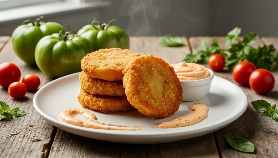 Fried green tomatoes served with comeback sauce on a ceramic plate