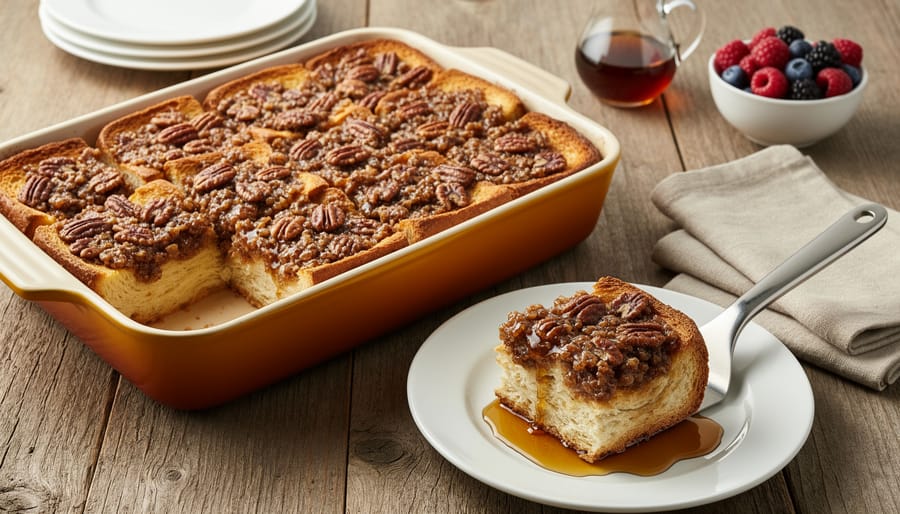 Pecan praline French toast casserole in a baking dish