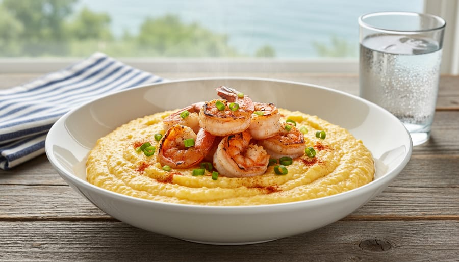 Creamy grits topped with sautéed shrimp and grated cheddar