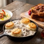 Southern-inspired brunch spread on a rustic table with biscuits and sausage gravy, shrimp and grits, bourbon pecan French toast, and maple syrup.