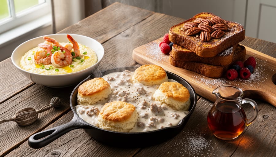 Southern-inspired brunch spread on a rustic table with biscuits and sausage gravy, shrimp and grits, bourbon pecan French toast, and maple syrup.