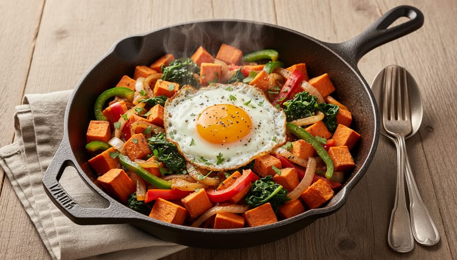 Sweet potato hash in a skillet topped with a sunny egg