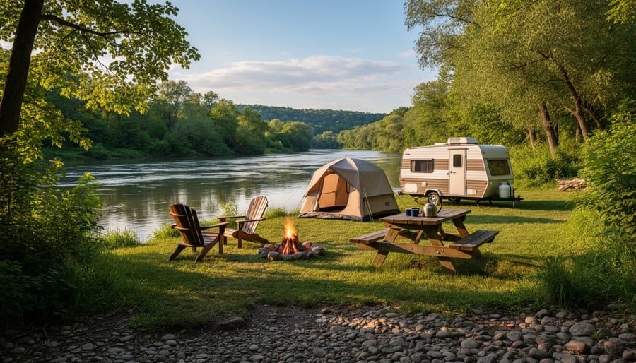 Quiet riverside campsite with firepit and picnic table near calm water
