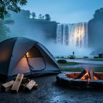 Camp tent and glowing fire ring at dusk with misty Horseshoe Falls visible in the distance behind trees.