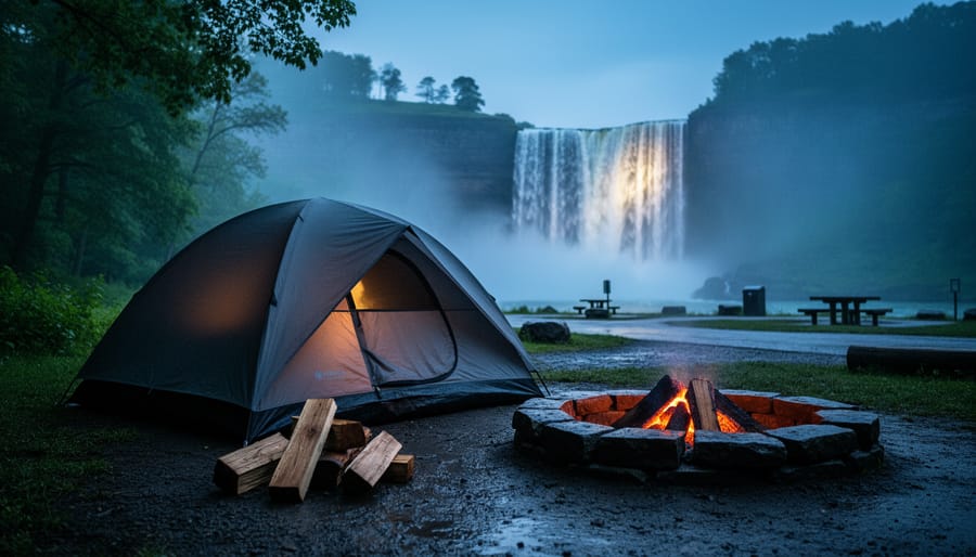 Camp tent and glowing fire ring at dusk with misty Horseshoe Falls visible in the distance behind trees.