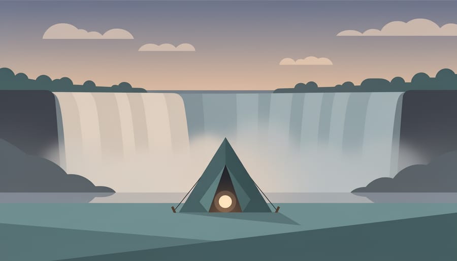 Camping tent with warm light and a misty view of Niagara Falls in the background