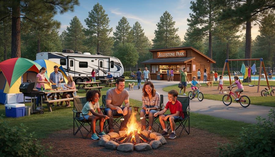 Family running and playing at a themed campground playground area