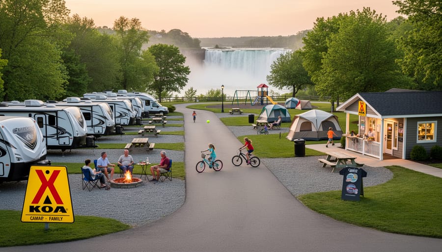 RV and tent sites in a family campground setting during golden hour