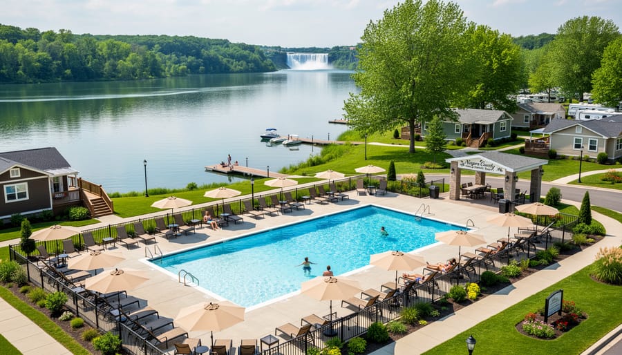 Families relaxing by an outdoor pool near RV camping sites