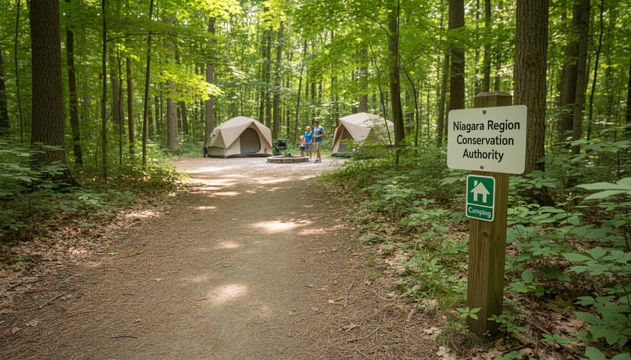Wooded trail leading into a conservation area campground