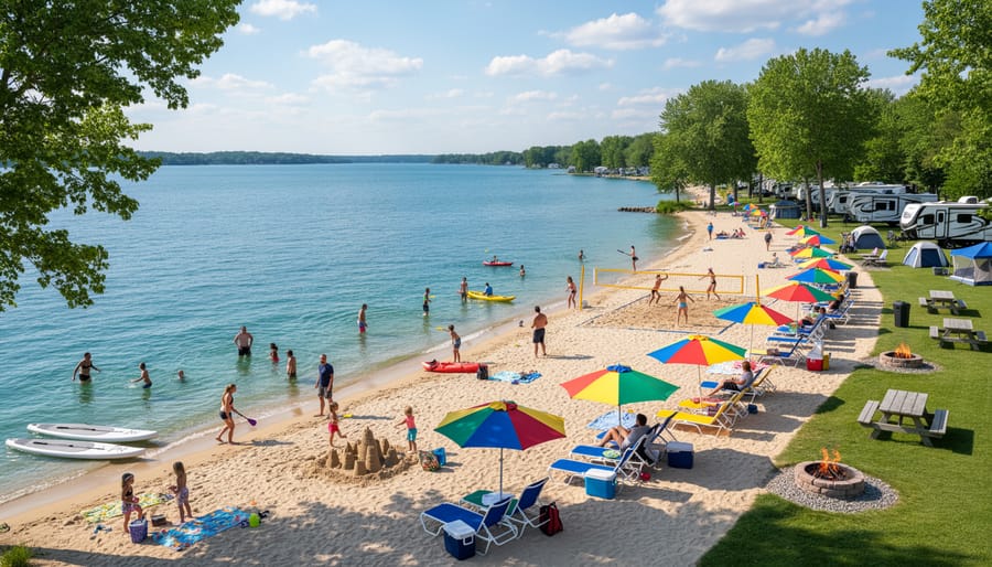 Beachfront camping near Lake Erie with sand, tents, and shoreline views
